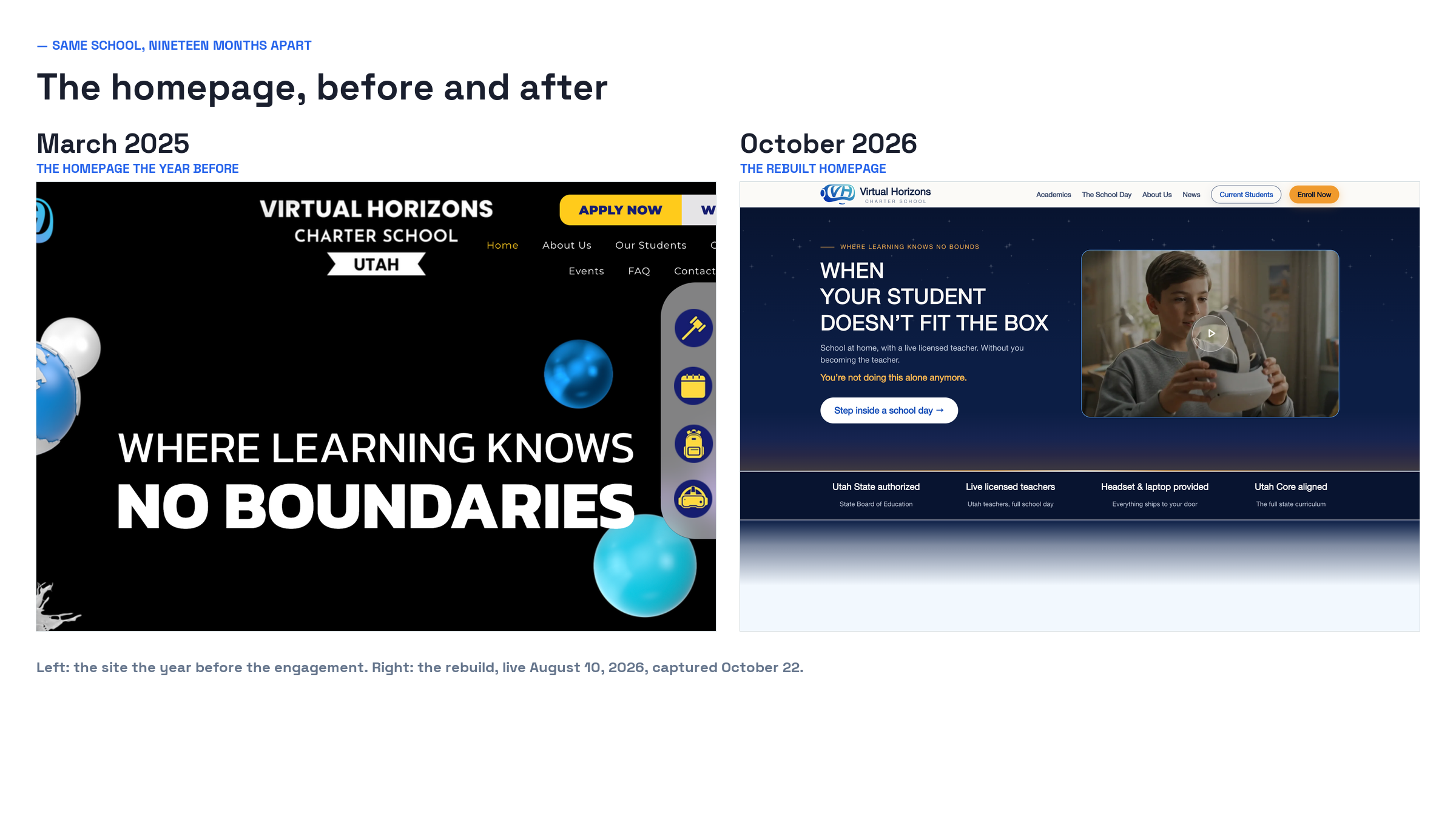 The Virtual Horizons homepage in March 2025, a black background with floating clip-art spheres and the headline Where Learning Knows No Boundaries, beside the rebuilt October 2026 homepage, a night-sky hero with the headline When Your Student Doesn't Fit The Box and four proof points under it
